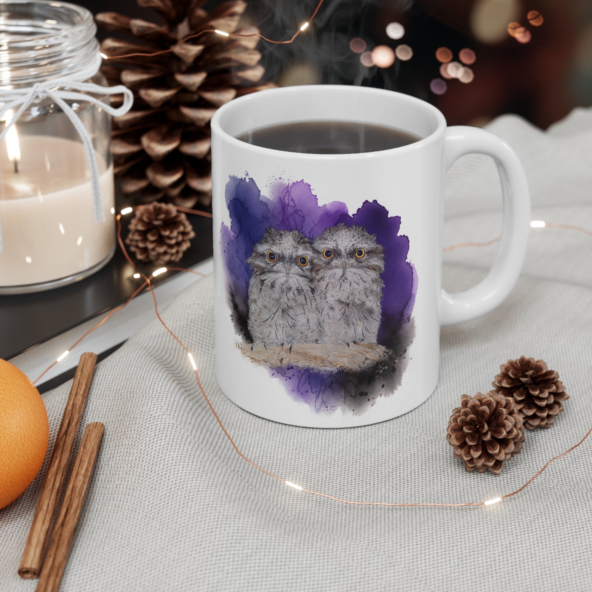 Tawny Frogmouth Watercolor Ceramic Mug – 11oz Bird Lover Coffee Cup
