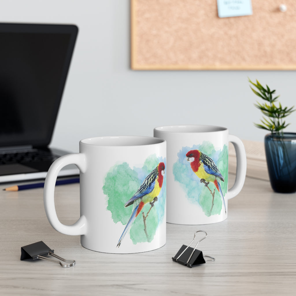 Eastern Rosella Watercolor Ceramic Mug – 11oz Bird Lover Coffee Cup