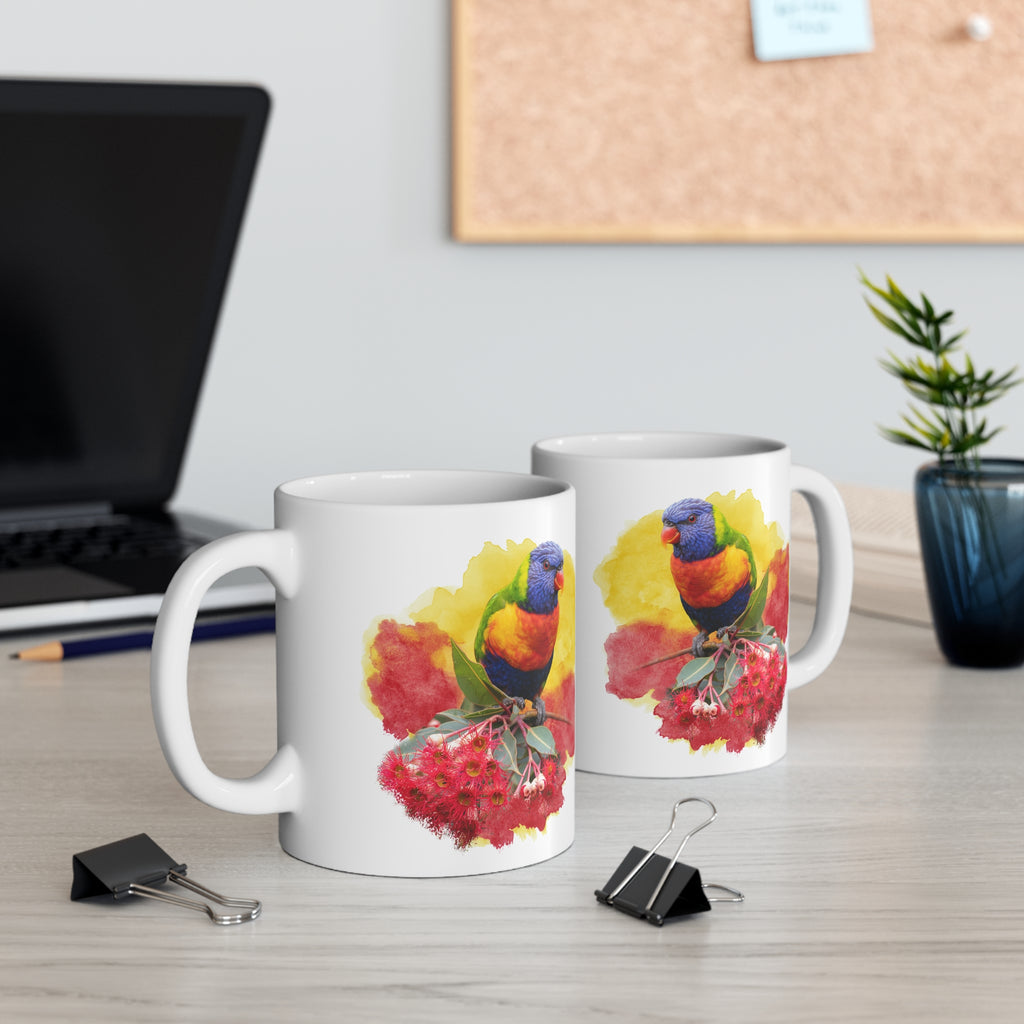 Rainbow Lorikeet Watercolor Ceramic Mug – 11oz Bird Lover Coffee Cup