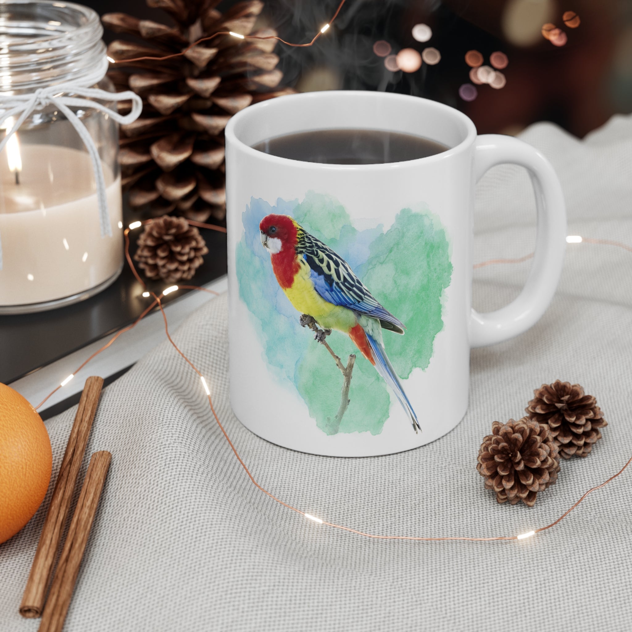 Eastern Rosella Watercolor Ceramic Mug – 11oz Bird Lover Coffee Cup